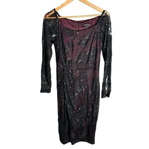 David Meister Sequin Lace Sheath Dress Black / Maroon Size 6